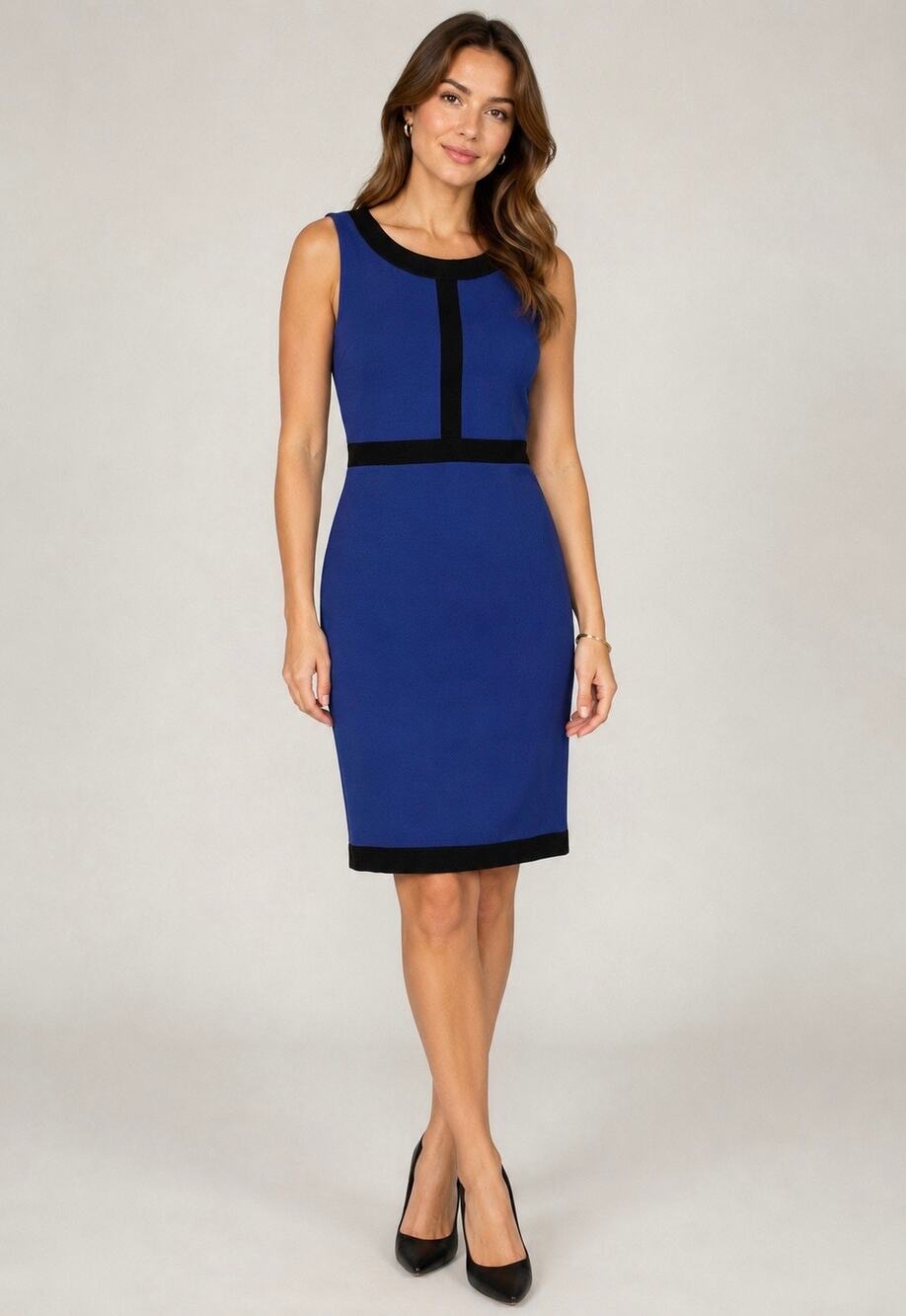 St. John Milano Knit Sheath Dress Blue Black Size 8 Wool Blend Career Cocktail